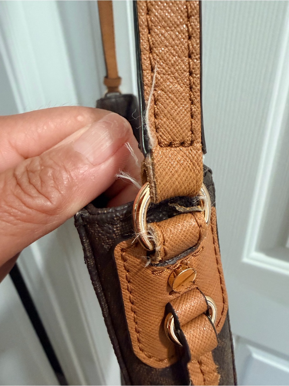 Michael Kors Brown MK Monogram Crossbody Bag with Tan Strap - Picture 2 of 5